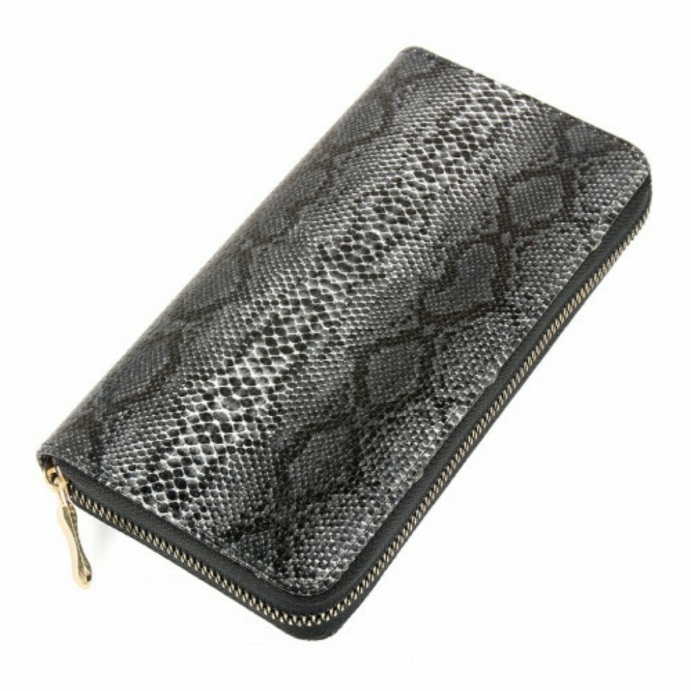 BLACK FAUX SNAKE SKIN SINGLE ZIPPER ORGANIZER WALLET